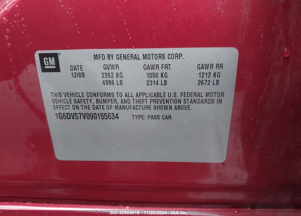 2009 CADILLAC CTS STANDARD VIN: 1G6DV57V090155634