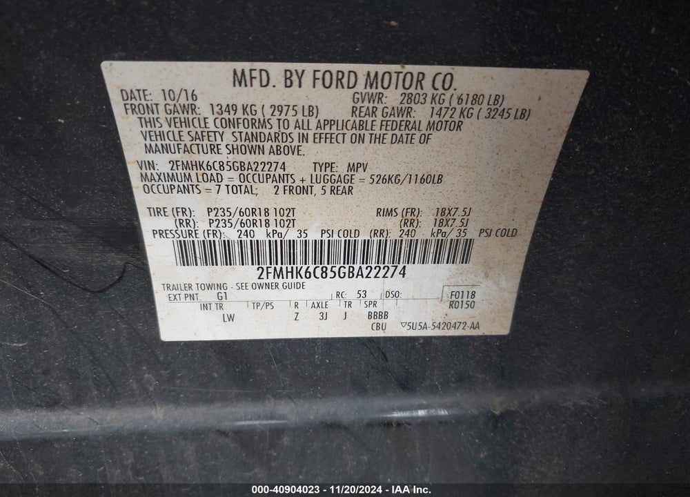 2016 FORD FLEX SEL VIN: 2FMHK6C85GBA22274