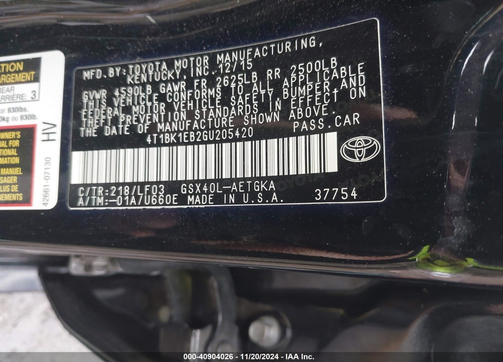 2016 TOYOTA AVALON XLE PREMIUM VIN: 4T1BK1EB2GU205420