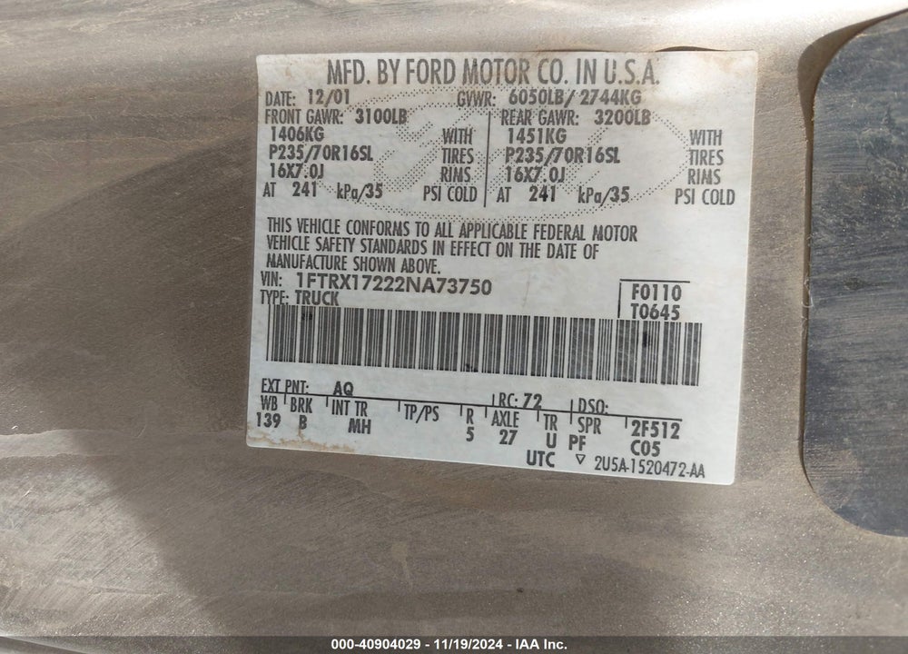 2002 FORD F-150 XL/XLT VIN: 1FTRX17222NA73750