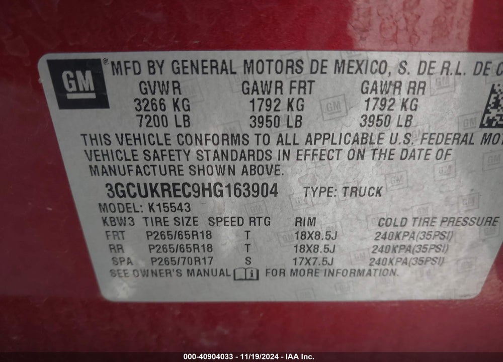 2017 CHEVROLET SILVERADO 1500 2LT VIN: 3GCUKREC9HG163904