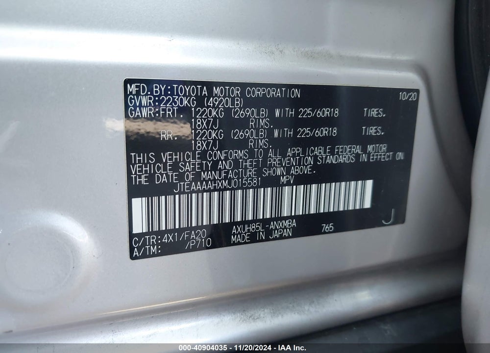 2021 TOYOTA VENZA LE VIN: JTEAAAAHXMJ015581