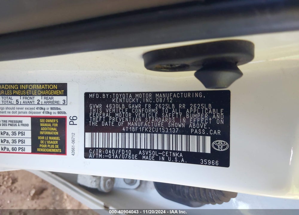 2012 TOYOTA CAMRY LE VIN: 4T1BF1FK2CU153137