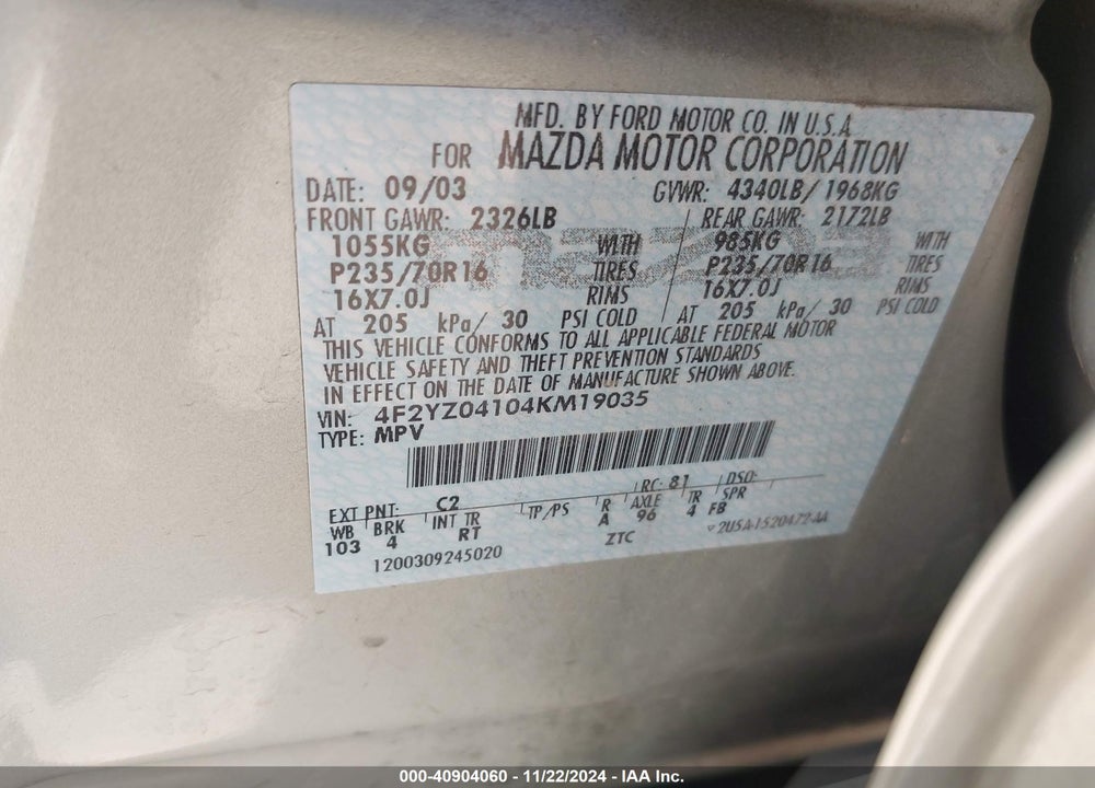 2004 MAZDA TRIBUTE LX V6 VIN: 4F2YZ04104KM19035
