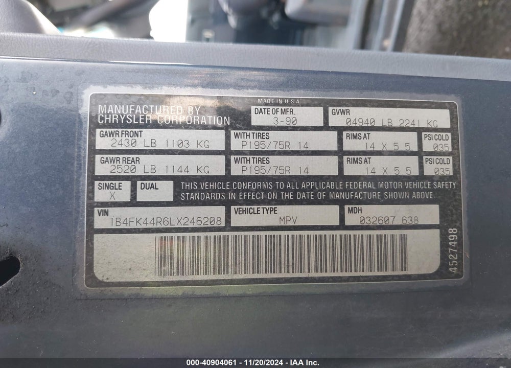 1990 DODGE GRAND CARAVAN SE VIN: 1B4FK44R6LX246208