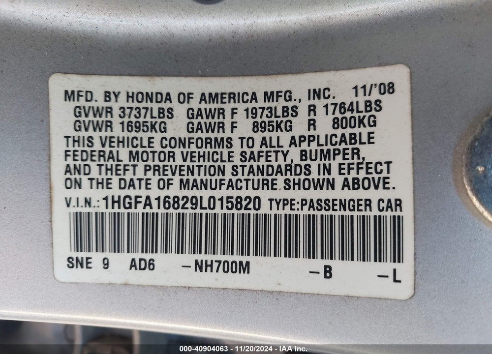 2009 HONDA CIVIC EX VIN: 1HGFA16829L015820