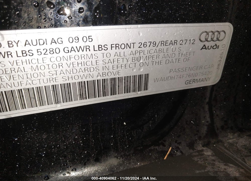 2006 AUDI A6 3.2 VIN: WAUDH74F76N075420
