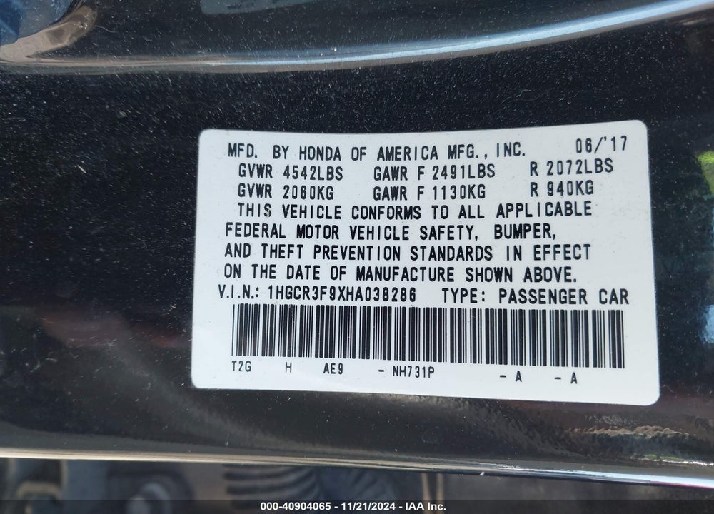 2017 HONDA ACCORD TOURING V6 VIN: 1HGCR3F9XHA038286