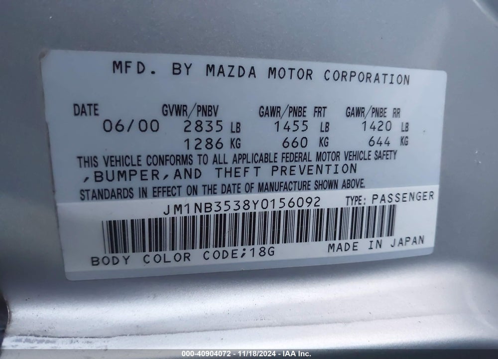 2000 MAZDA MX-5 MIATA LS/SPECIAL EDITION VIN: JM1NB3538Y0156092