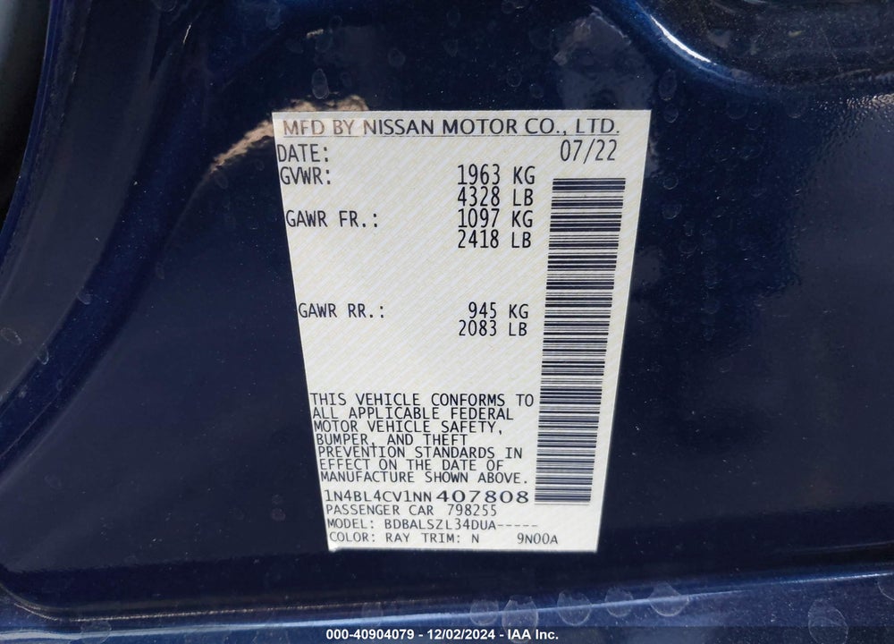2022 NISSAN ALTIMA SR FWD VIN: 1N4BL4CV1NN407808