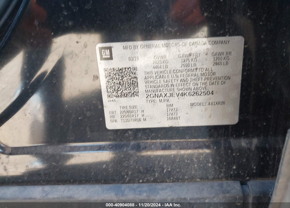 2019 CHEVROLET EQUINOX LT VIN: 2GNAXJEV4K6262504