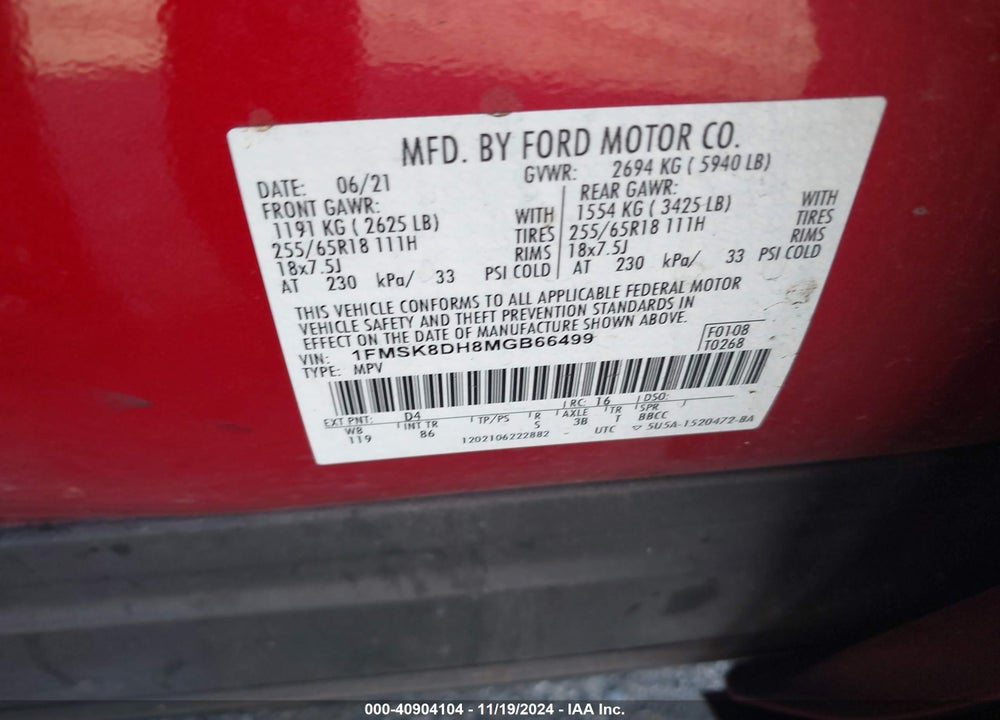 2021 FORD EXPLORER XLT VIN: 1FMSK8DH8MGB66499