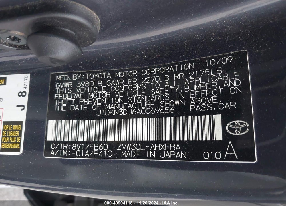 2010 TOYOTA PRIUS VIN: JTDKN3DU6A0069656