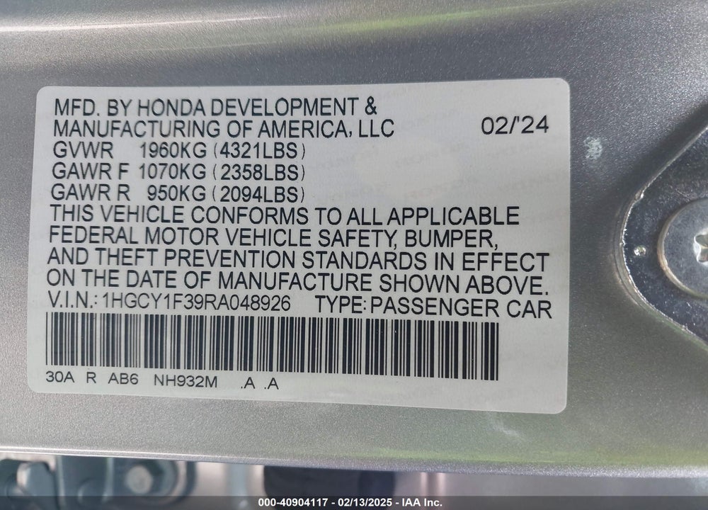 2024 HONDA ACCORD VIN: 1HGCY1F39RA048926
