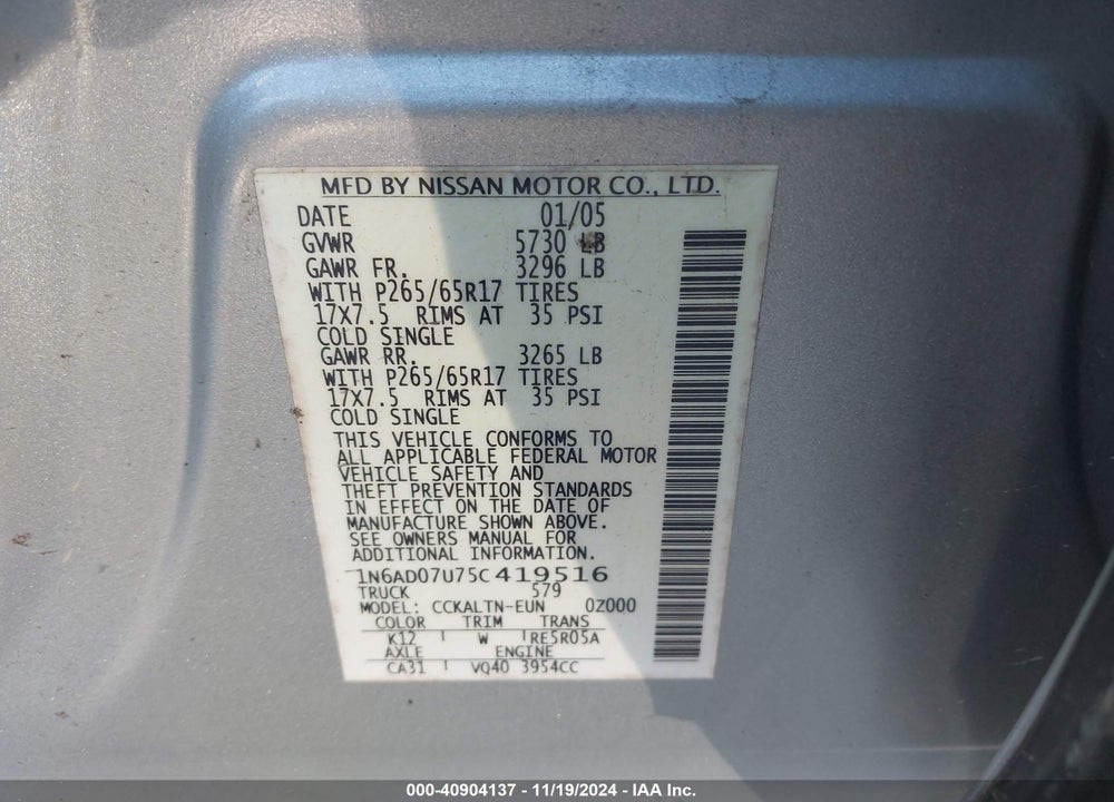 2005 NISSAN FRONTIER LE VIN: 1N6AD07U75C419516