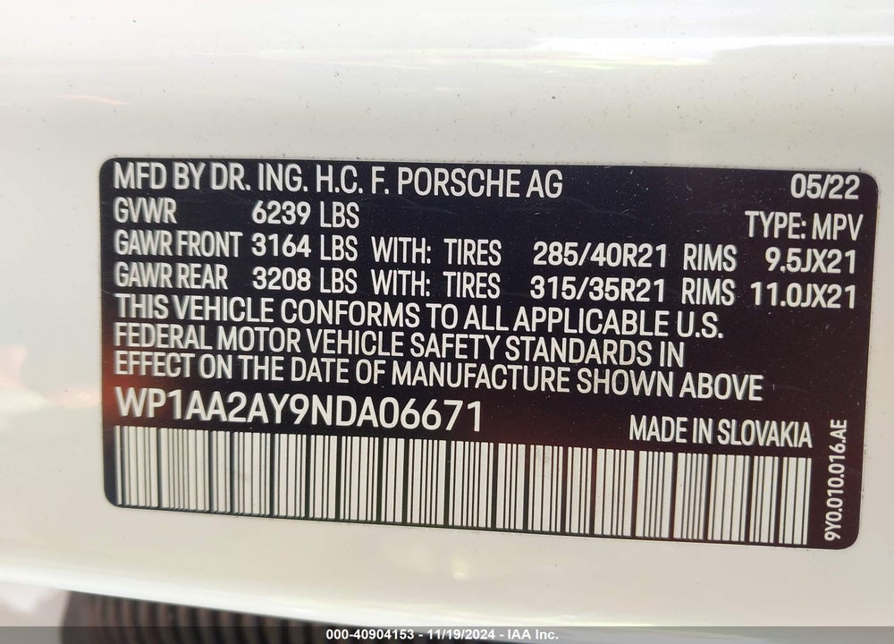 2022 PORSCHE CAYENNE VIN: WP1AA2AY9NDA06671