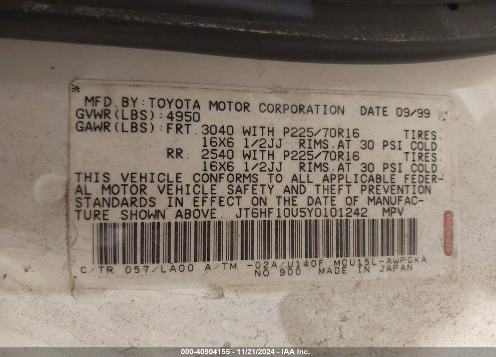 2000 LEXUS RX 300 VIN: JT6HF10U5Y0101242