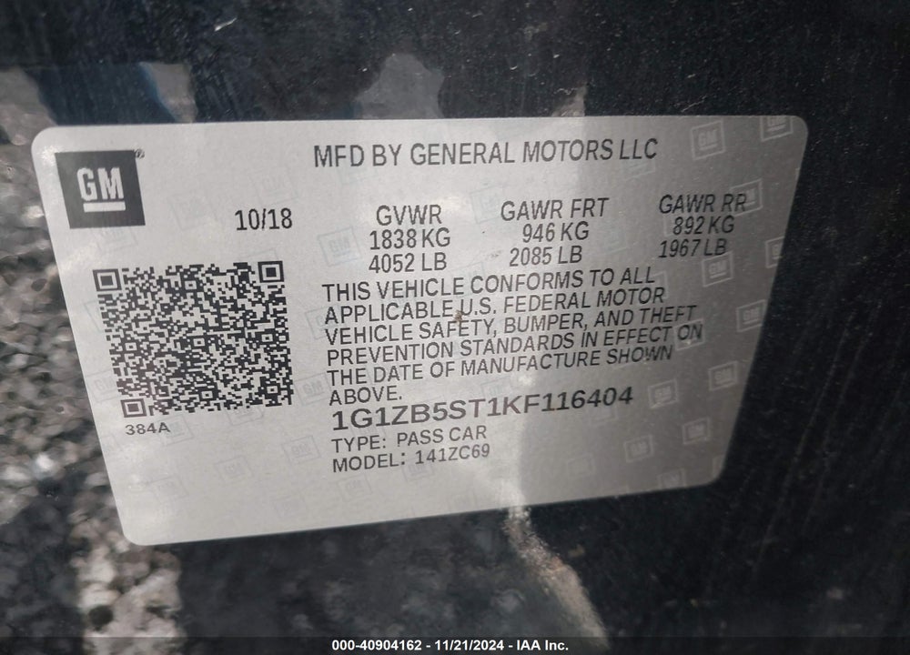 2019 CHEVROLET MALIBU VIN: 1G1ZB5ST1KF116404