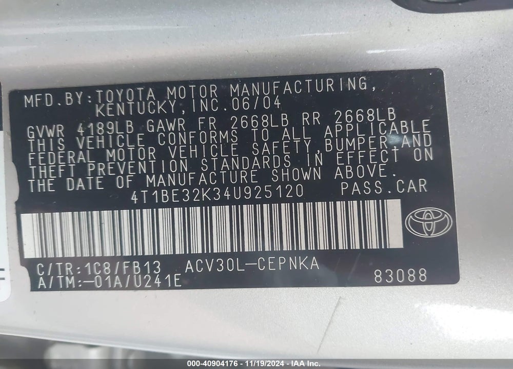 2004 TOYOTA CAMRY LE VIN: 4T1BE32K34U925120