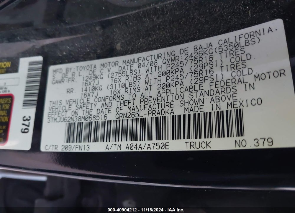 2008 TOYOTA TACOMA PRERUNNER V6 VIN: 3TMJU62N38M068516