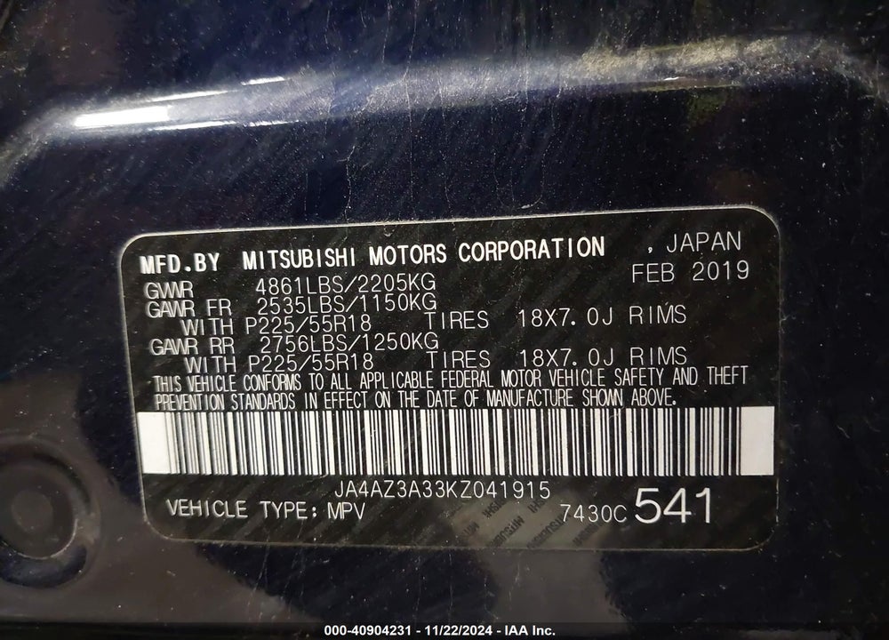 2019 MITSUBISHI OUTLANDER SE VIN: JA4AZ3A33KZ041915