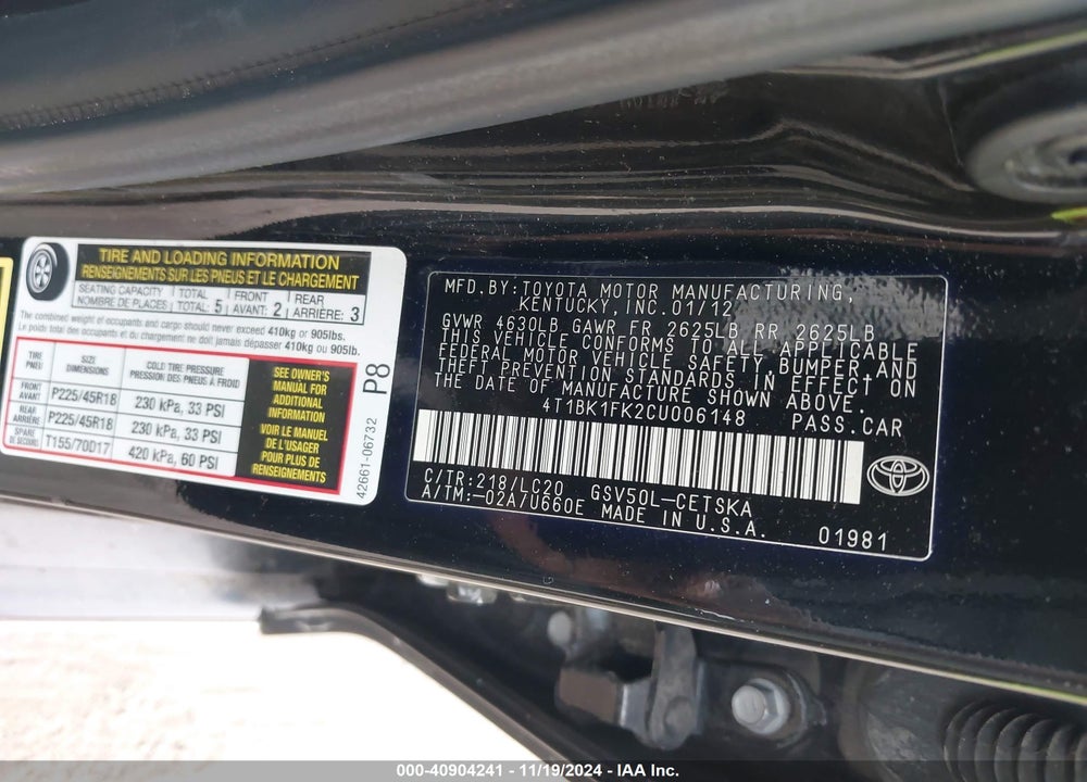 2012 TOYOTA CAMRY SE V6 VIN: 4T1BK1FK2CU006148