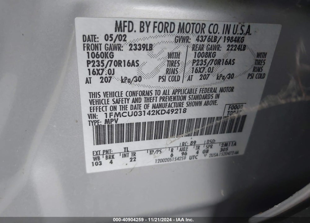 2002 FORD ESCAPE XLT VIN: 1FMCU03142KD49218