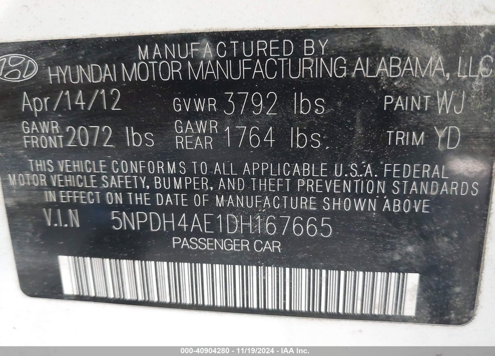 2013 HYUNDAI ELANTRA GLS VIN: 5NPDH4AE1DH167665