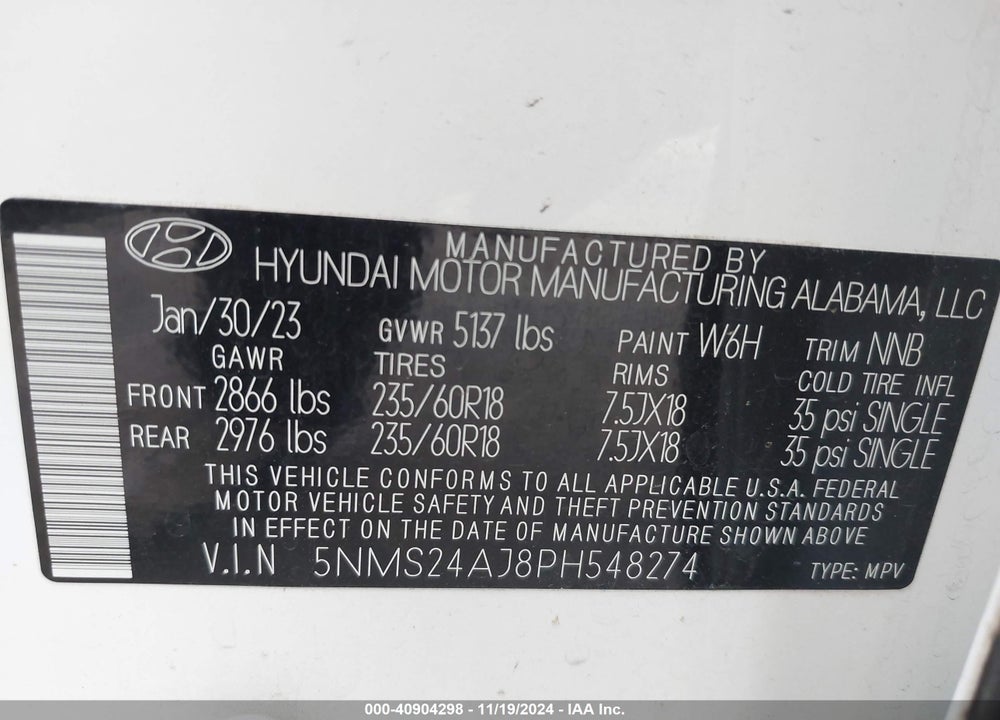2023 HYUNDAI SANTA FE SEL VIN: 5NMS24AJ8PH548274