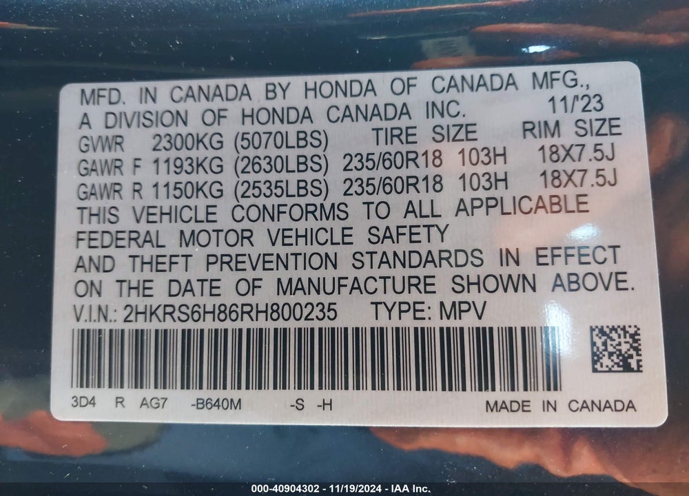 2024 HONDA CR-V HYBRID SPORT-L VIN: 2HKRS6H86RH800235