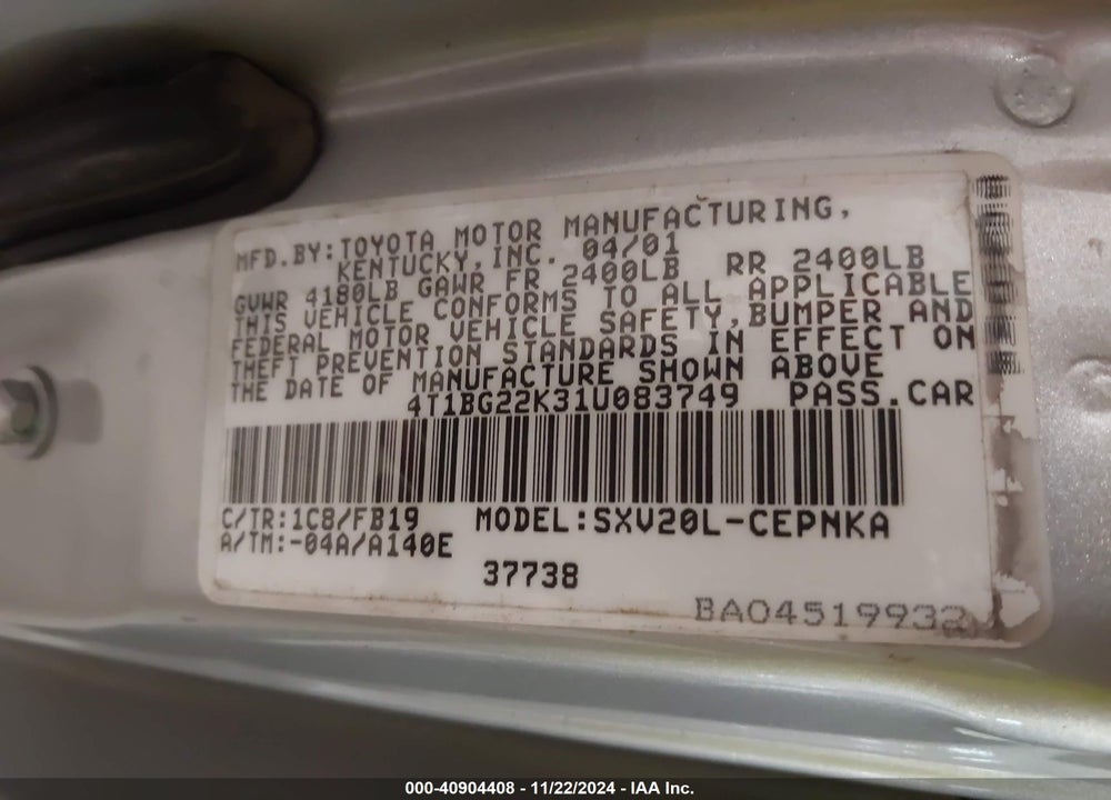 2001 TOYOTA CAMRY LE VIN: 4T1BG22K31U083749