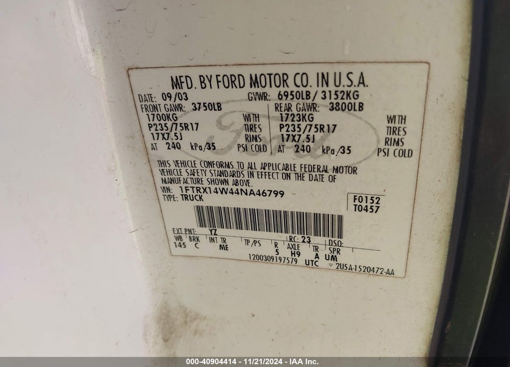 2004 FORD F-150 STX/XL/XLT VIN: 1FTRX14W44NA46799