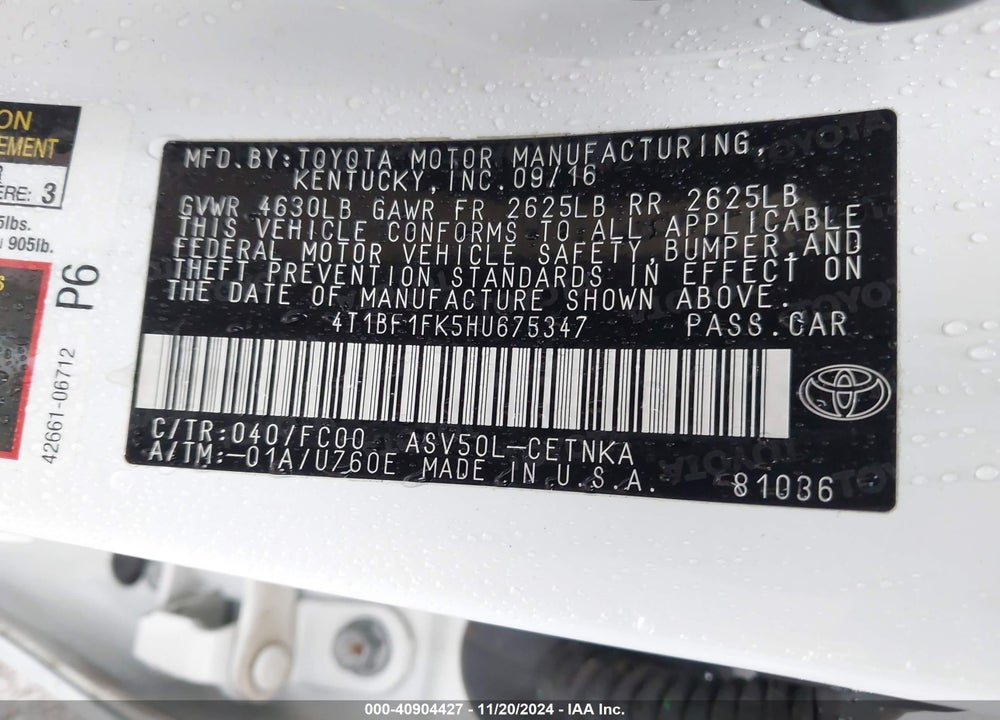 2017 TOYOTA CAMRY LE VIN: 4T1BF1FK5HU675347