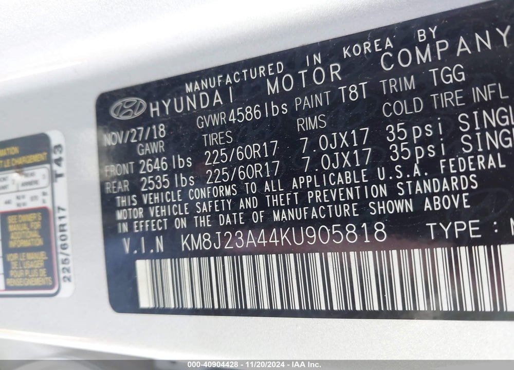 2019 HYUNDAI TUCSON SE VIN: KM8J23A44KU905818
