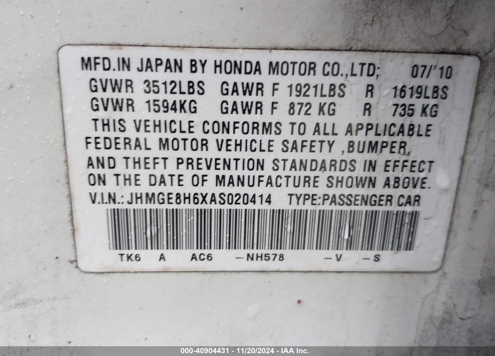 2010 HONDA FIT SPORT VIN: JHMGE8H6XAS020414