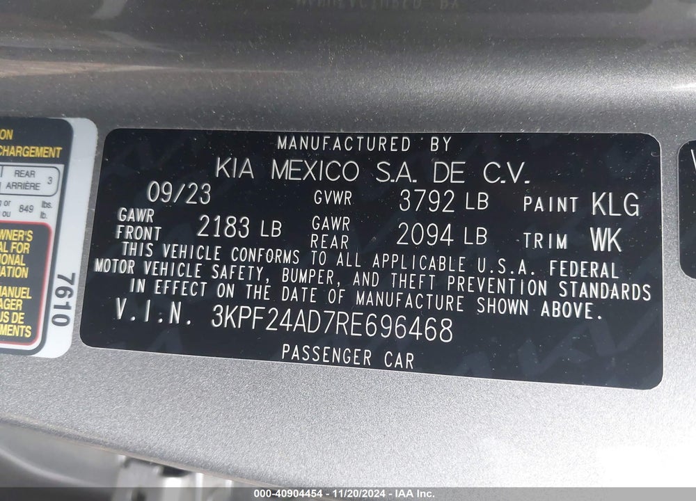 2024 KIA FORTE LXS VIN: 3KPF24AD7RE696468