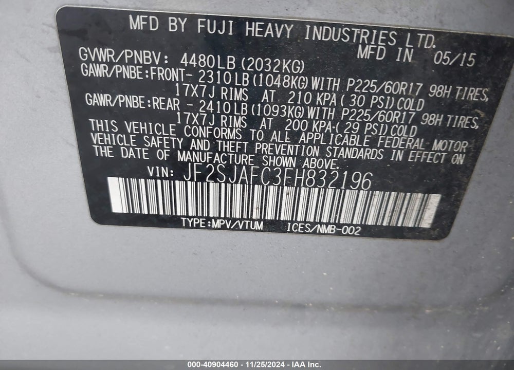2015 SUBARU FORESTER 2.5I PREMIUM VIN: JF2SJAFC3FH832196