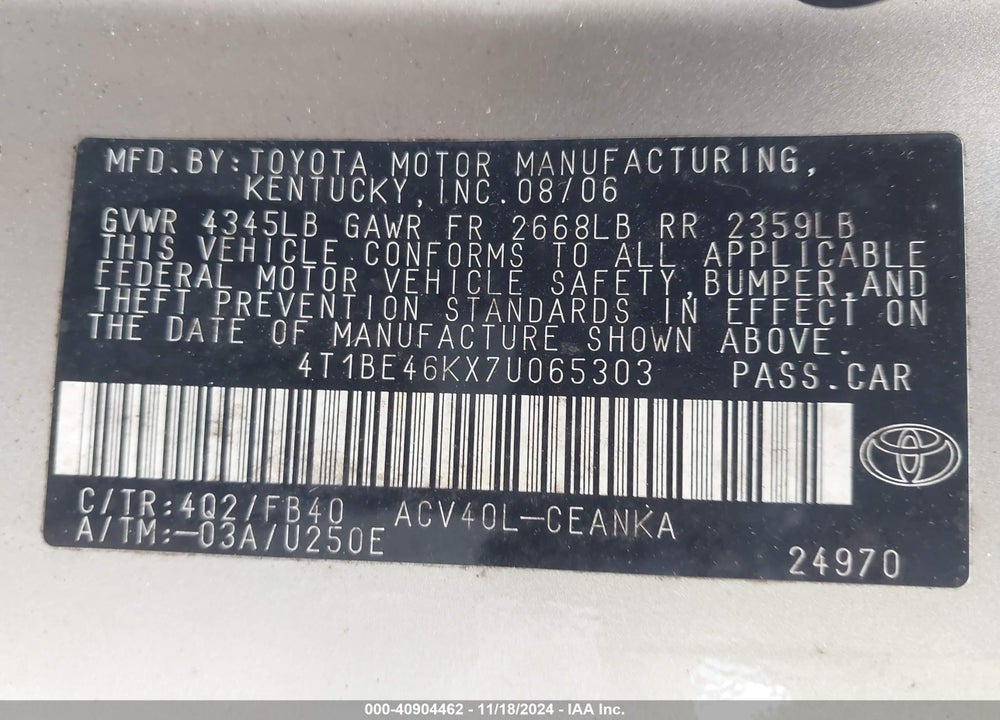 2007 TOYOTA CAMRY LE VIN: 4T1BE46KX7U065303