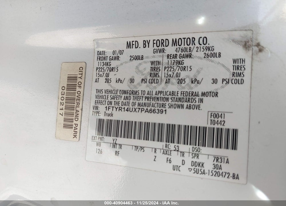 2007 FORD RANGER SPORT/STX/XL/XLT VIN: 1FTYR14UX7PA66391