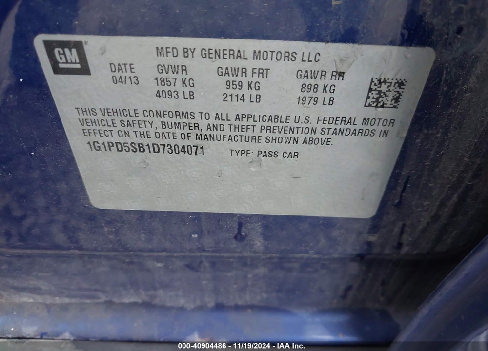 2013 CHEVROLET CRUZE 1LT MANUAL VIN: 1G1PD5SB1D7304071