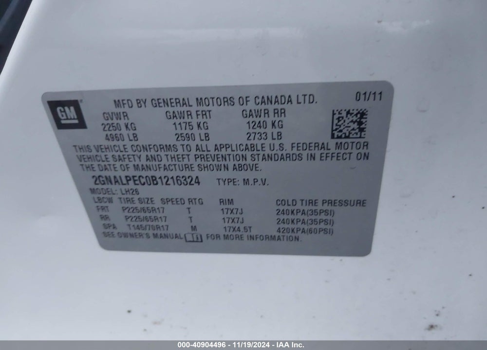 2011 CHEVROLET EQUINOX 2LT VIN: 2GNALPEC0B1216324