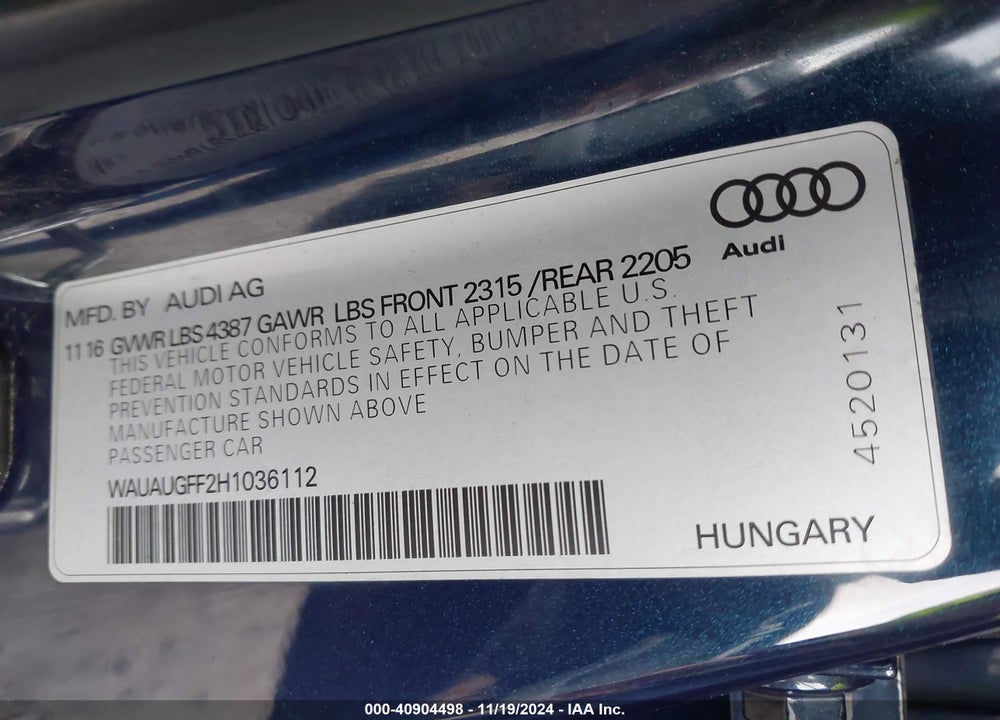 2017 AUDI A3 VIN: WAUAUGFF2H1036112