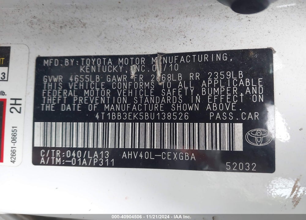 2011 TOYOTA CAMRY HYBRID VIN: 4T1BB3EK5BU138526