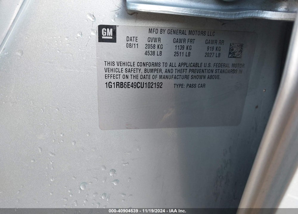 2012 CHEVROLET VOLT VIN: 1G1RB6E49CU102192