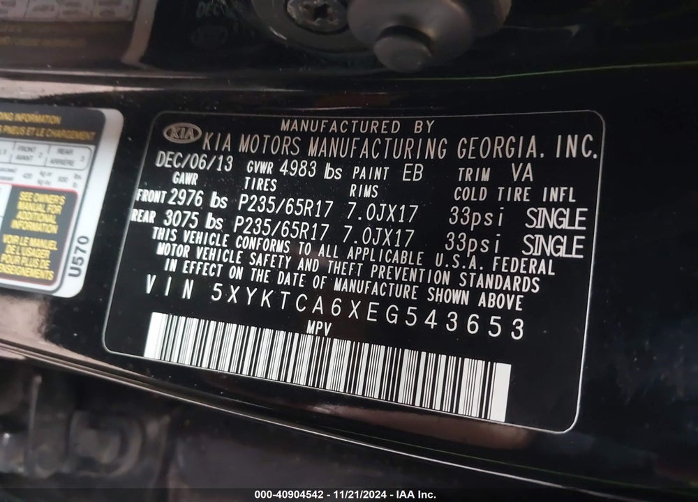 2014 KIA SORENTO VIN: 5XYKTCA6XEG543653