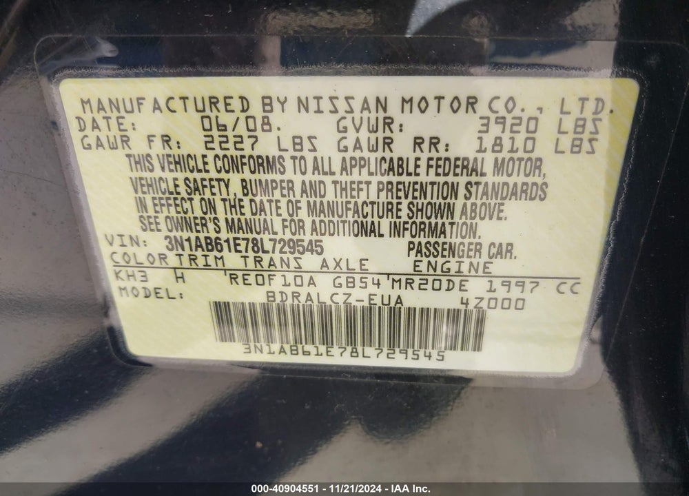 2008 NISSAN SENTRA VIN: 3N1AB61E78L729545