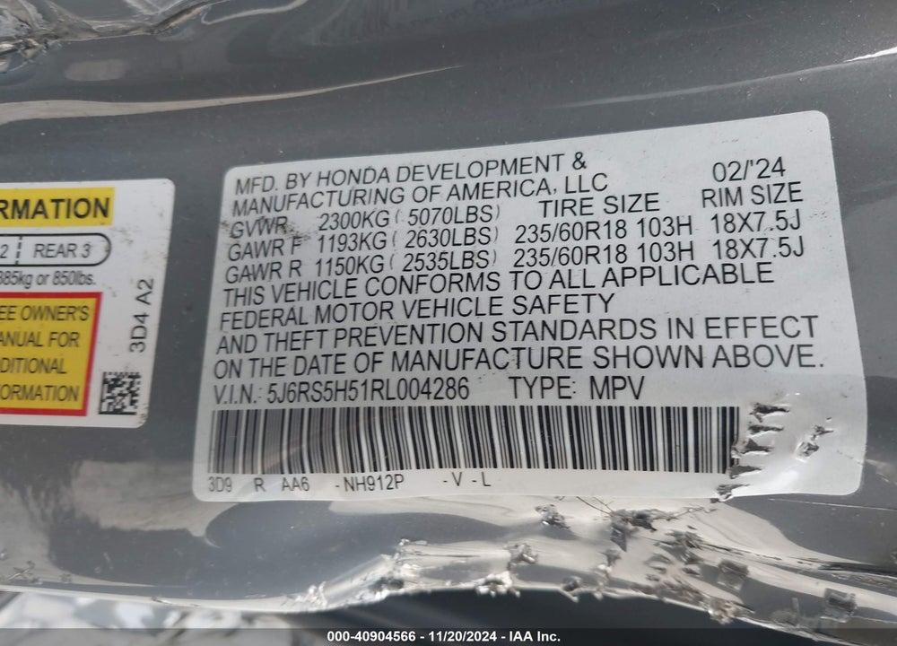 2024 HONDA CR-V HYBRID SPORT VIN: 5J6RS5H51RL004286