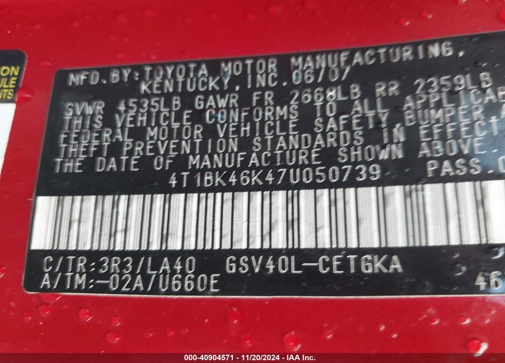 2007 TOYOTA CAMRY XLE V6 VIN: 4T1BK46K47U050739