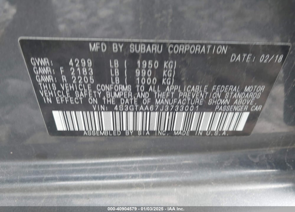2018 SUBARU IMPREZA VIN: 4S3GTAA67J3733001