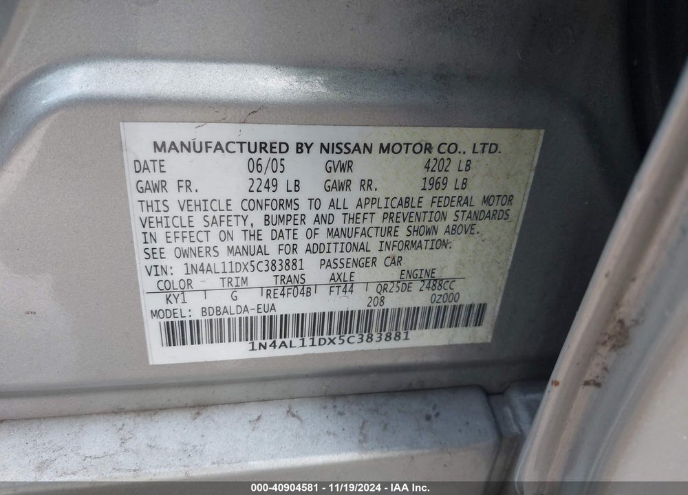 2005 NISSAN ALTIMA 2.5 S VIN: 1N4AL11DX5C383881